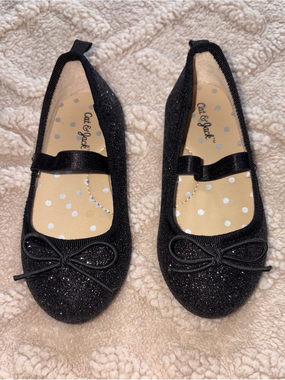 Cat & Jack Black Glitter Flats - Girl Slip On Sparkle Dress Shoes W/ Bow, Size 6